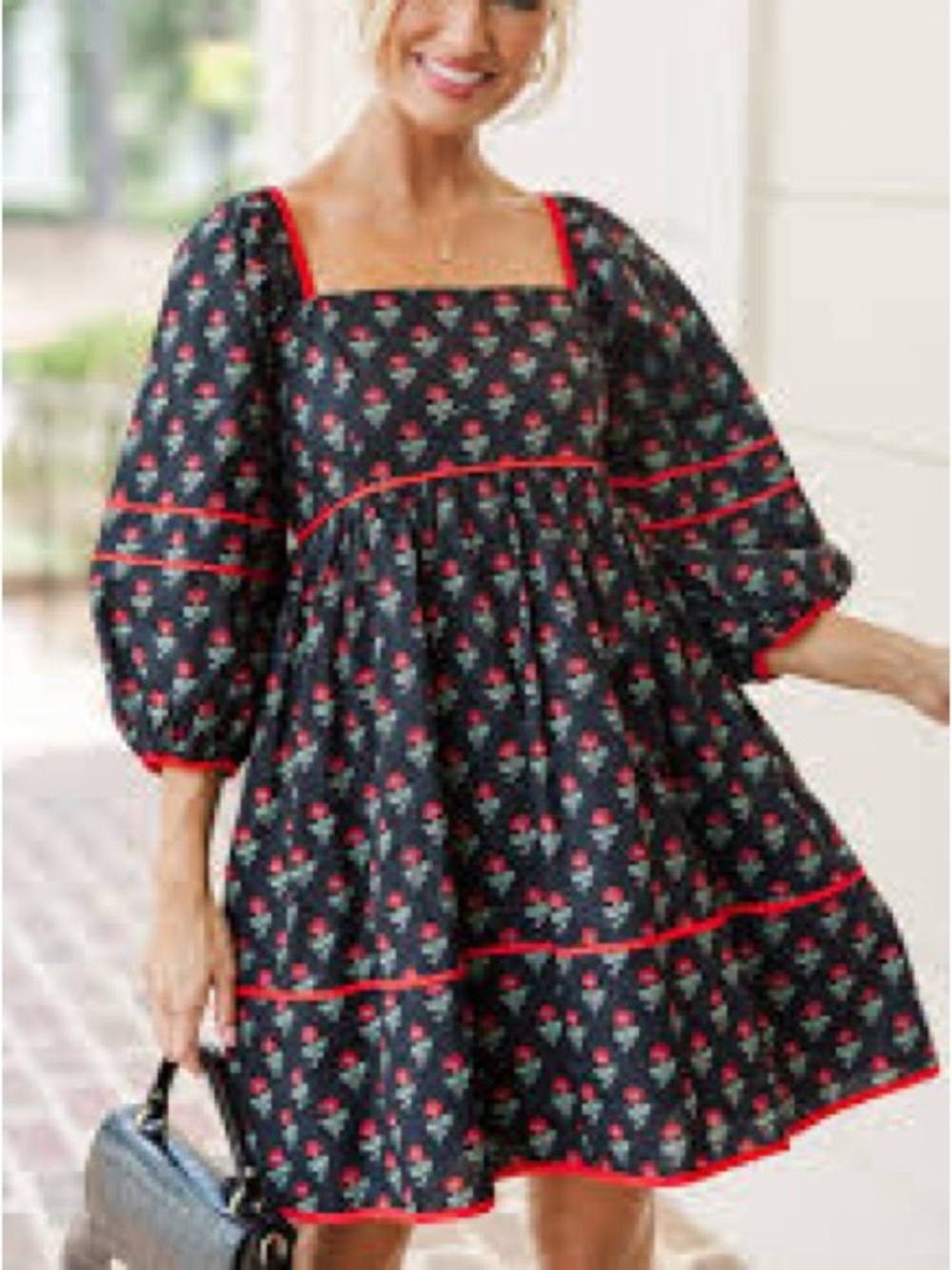 Black Floral smocked baby doll balloon Long-Sleeve Tiered Dress cottagecore